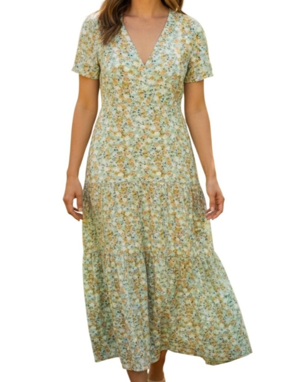 See the Shades Ruffled Floral Flounce Maxi Dress~Size Medium~Sage Combo~L1 18